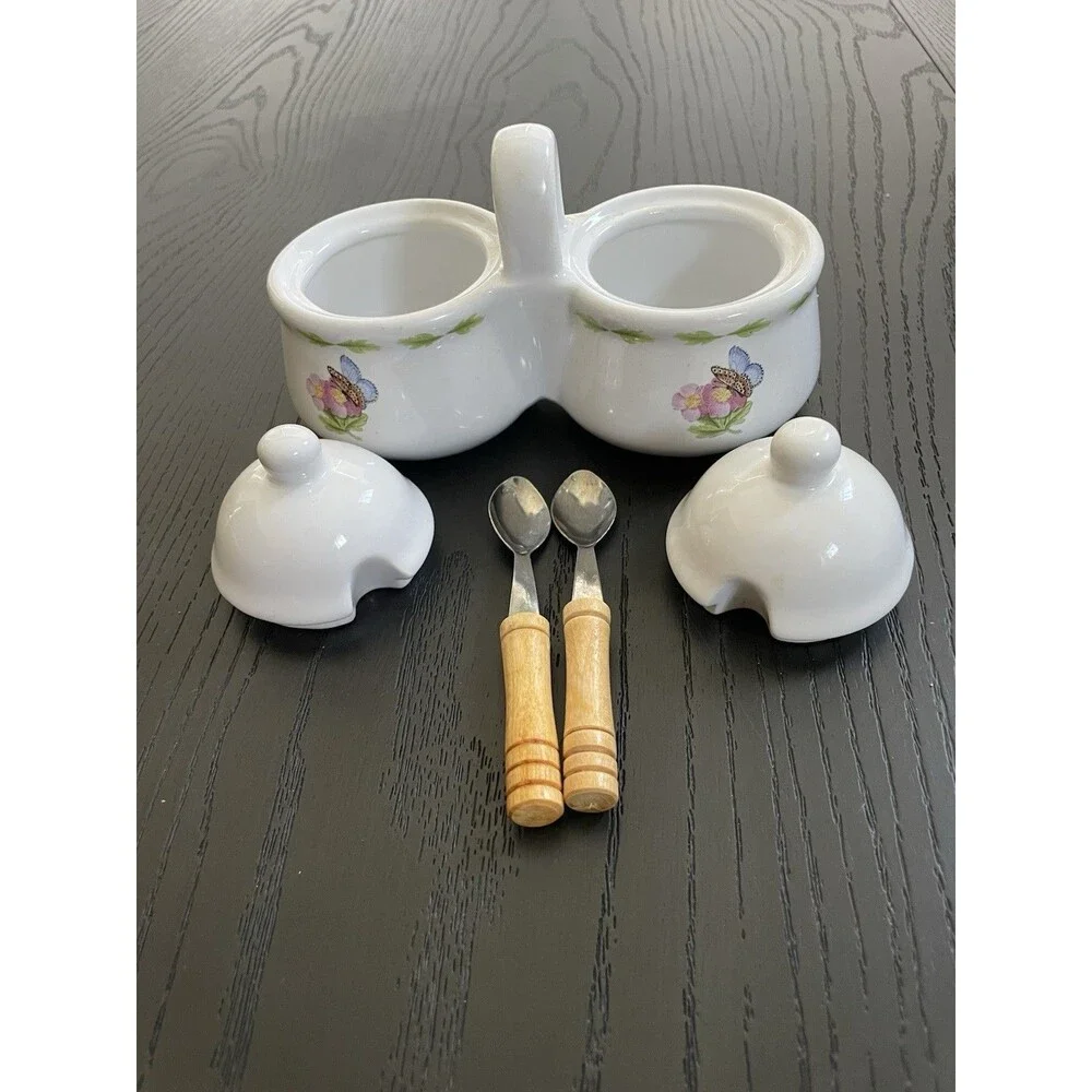 Hallmark‎ Double Condiment Ceramic Bowls Houston & Harvest #31832 w/spoons